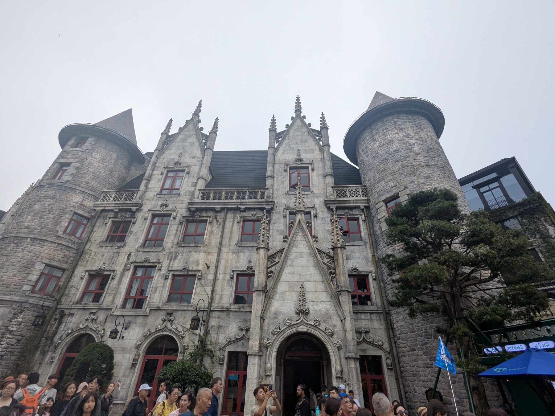 Stone buildings and towers in the French Village at Ba Na Hills